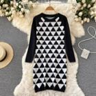 Argyle Print Knit Sheath Dress Black - One Size