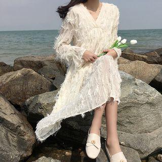Fringed Long-sleeve A-line Midi Dress
