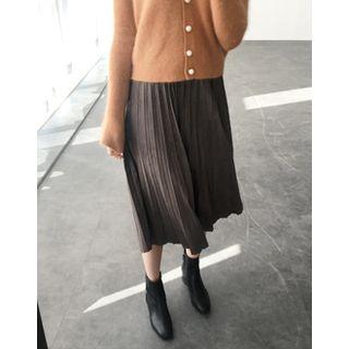 Faux-suede Pleated Long Skirt