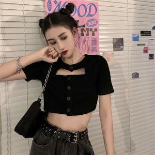 Short-sleeve Buttoned Cutout Cropped Top