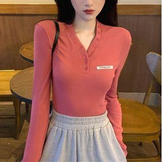 Button-up Label Applique Long Sleeve Top