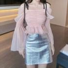 Off Shoulder Smocked Chiffon Blouse / High Waist Mini Skirt