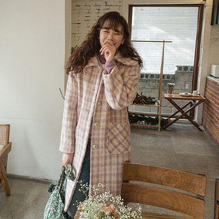 Round-collar Checked Wool Blend Coat Pink - One Size