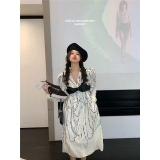 Long-sleeve Print Midi Dress / Faux Leather Camisole Top