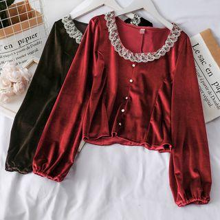 Lace-neckline Velvet Crop Blouse