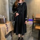 Mock Two-piece Long-sleeve Midi Pleated Dress Black - One Size