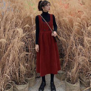 Set: Turtleneck Long-sleeve Top + Midi A-line Pinafore Dress