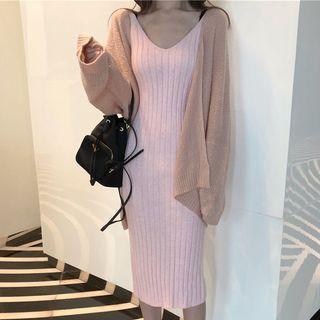 Sleeveless Sheath Knit Dress / Open Cardigan