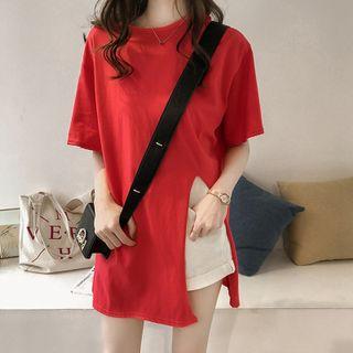 Elbow-sleeve Oversize Front Slit T-shirt