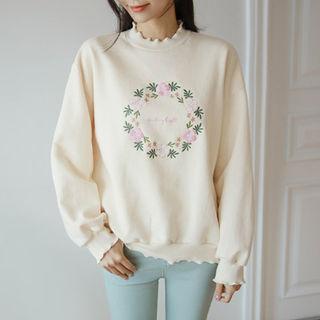 Lettuce-edge Flower-embroidered Sweatshirt