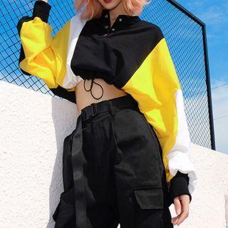 Paneled Drawstring Cropped Pullover