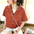 Short Sleeve Plaid Shirt Tangerine Red - One Size