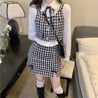 Bow Crop Shirt / Houndstooth Camisole Top / Mini Pencil Skirt
