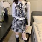 Bow Crop Shirt / Houndstooth Camisole Top / Mini Pencil Skirt