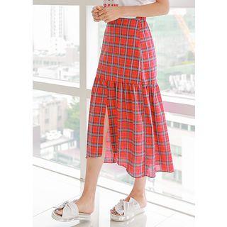 Slit-front Ruffled-hem Checked Midi Skirt