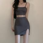 Cropped Camisole Top / Side-slit Mini Pencil Skirt