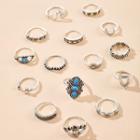Set Of 15: Retro Turquoise Alloy Ring (assorted Designs) 14564 - Blue Rhinestone - Silver - One Size