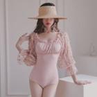 Long-sleeve Floral Mesh Lace-up Swimsuit