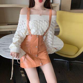 Boatneck Open-knit Top / Faux-leather Jumper Skirt
