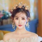 Set: Wedding Branches Rhinestone Tiara + Fringed Earring Set Of 3 - Tiara & 1 Pair - Clip On Earring - Gold - One Size