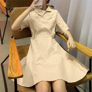 Elbow-sleeve Frog Buttoned A-line Mini Dress