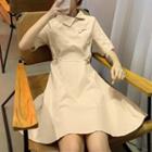 Elbow-sleeve Frog Buttoned A-line Mini Dress