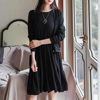 Set: Faux-pearl Button Cardigan + Shirred Tiered Dress