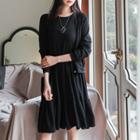 Set: Faux-pearl Button Cardigan + Shirred Tiered Dress