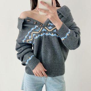 Printed Long-sleeve Polo Knit Sweater