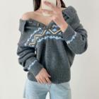 Printed Long-sleeve Polo Knit Sweater