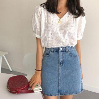 V-neck Cutout Short-sleeve Blouse White - One Size