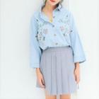 Long-sleeve Floral Embroidery Denim Shirt As Shown In Figure - One Size
