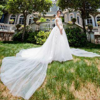 Off-shoulder Flower Detail Long Train Wedding Dress