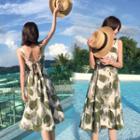 Leaf Print Buttoned A-line Sundress