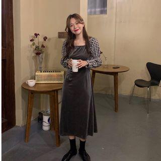 Puff-sleeve Gingham Panel A-line Dress