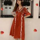 Short-sleeve Fringe Midi A-line Dress Brick Red - One Size