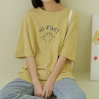 Lettering Elbow-sleeve T-shirt Curcumin - One Size