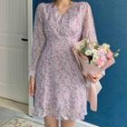 Long-sleeve Floral Print A-line Dress Purple - One Size