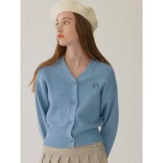 V-neck Logo-embroidered Cardigan Light Blue - One Size