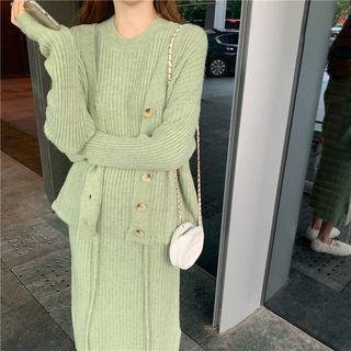 Plain Loose-fit Cardigan / Sleeveless Knit Dress