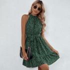 Sleeveless Halter-neck Dotted Tie-waist Mini Dress