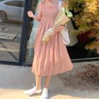 Short-sleeve Shirred Midi A-line Dress Ash Pink - One Size