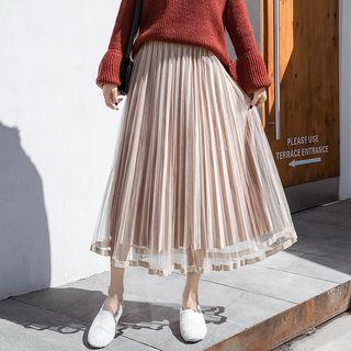 Mesh Overlay Accordion Pleat Midi Velvet Skirt