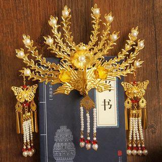 Set: Retro Faux Pearl Phoenix Hair Clip + Fringed Earring