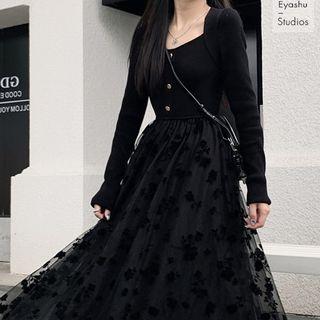 Long-sleeve Square-neck Mesh Panel Maxi Dress