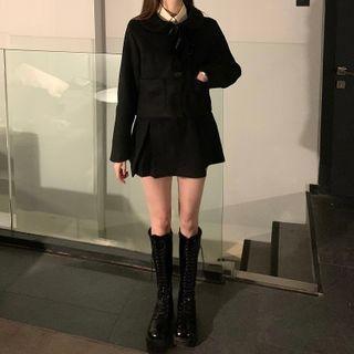 Single Breasted Collared Coat / High-waist Woolen Skirt