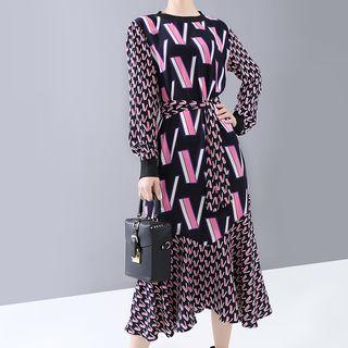 Long-sleeve Midi Printed A-line Dress Purplish Pink - One Size