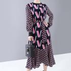 Long-sleeve Midi Printed A-line Dress Purplish Pink - One Size