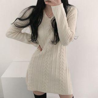 V-neck Cable Knit Mini A-line Sweater Dress