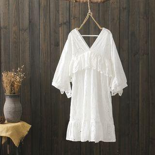 3/4-sleeve Perforated A-line Dress White - One Size